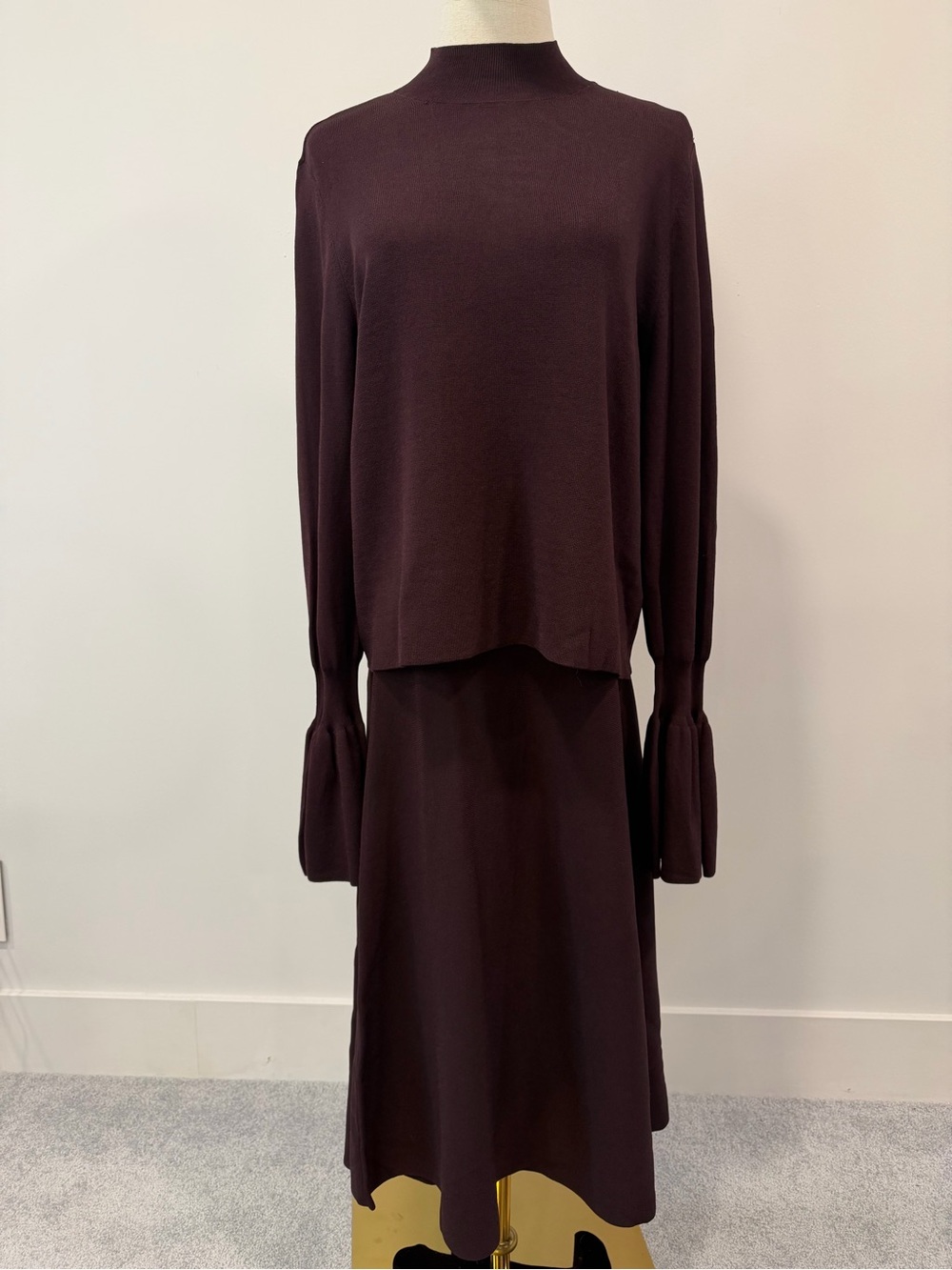 Elegant Mock-Neck Long Sleeve Sweater & Skirt Set in Deep Plum